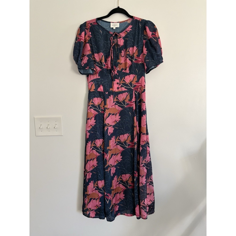 Bohme Womens Small Colorful Floral Puff Sleeve Waist Detail Romantic SummerDress